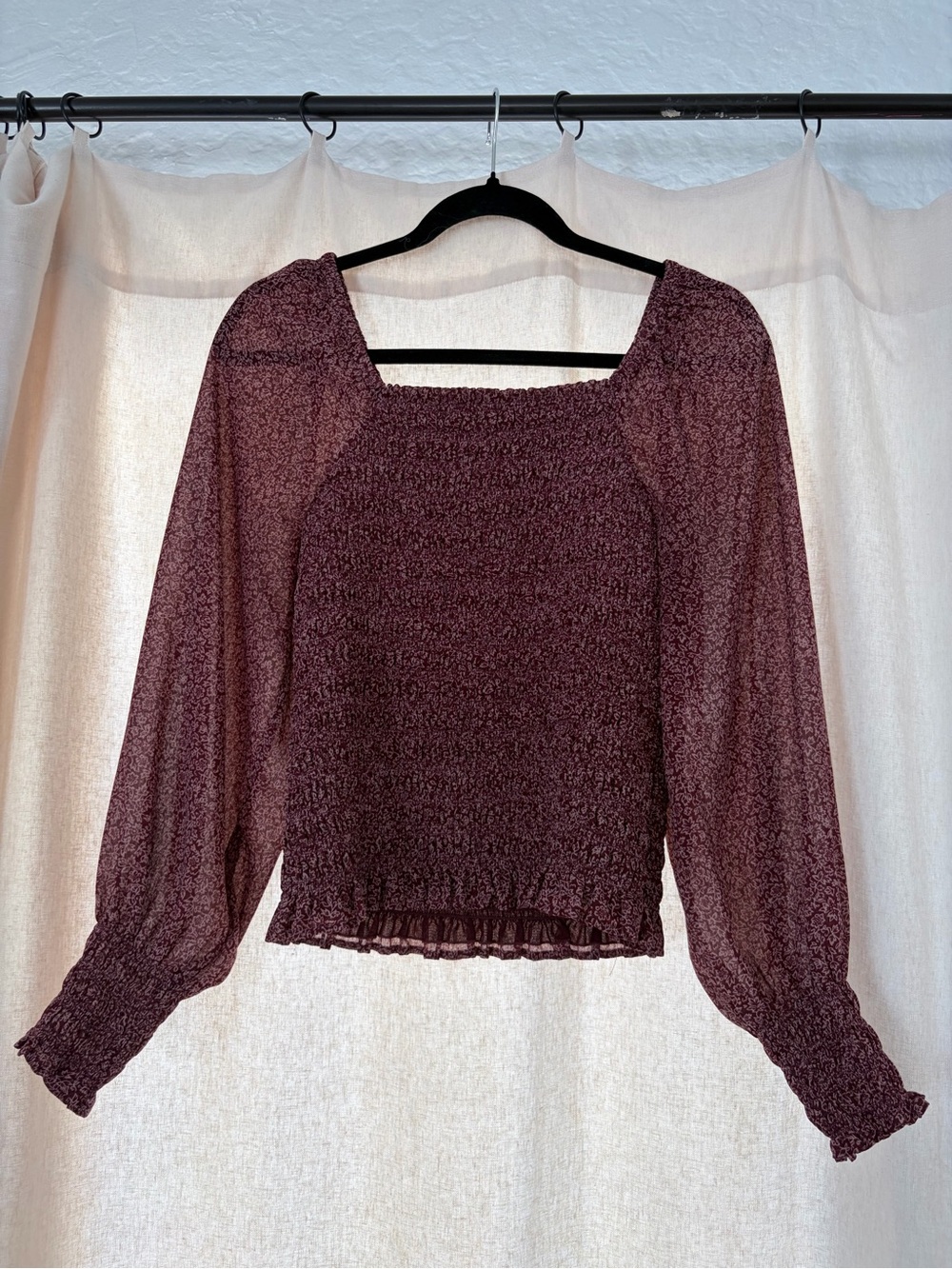 Madewell Burgundy Smocked Square-Neck Blouse